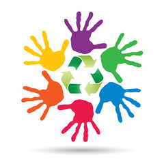 Fototapeta premium Conceptual circle or spiral made of painted human hands with green recycle symbol