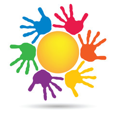 Fototapeta premium Concept circle of hands, yellow sun symbol