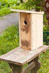 Unfinished new birdhouse made of wood