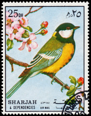 Stamp printed in Sharjah shows great tit