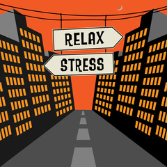 Road signs in a street with text Relax or Stress