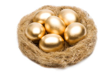 Nest with golden eggs on a white background