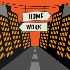 Road sign with opposite arrows and text Home - Work