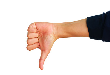 Male hand showing thumbs down sign.