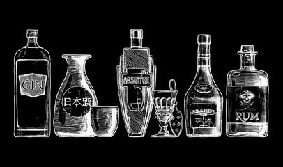 bottles of alcohol. Distilled beverage