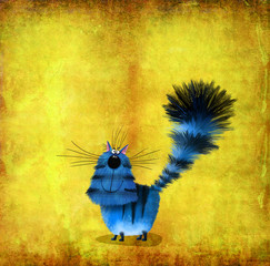 Blue Cat With Fluffy Tail On Background Painted Wall