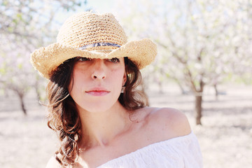 Spring portrait of beautiful 40 years old woman outdoors