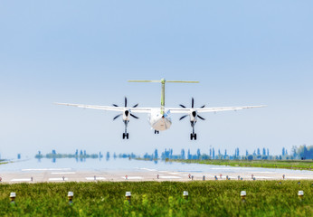 Ukraine, Borispol.  Bombardier Dash 8 Q400 Air Baltic is landing at the international airport Borispol.