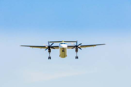 Ukraine, Borispol.  Bombardier Dash 8 Q400 Air Baltic is landing at the international airport Borispol.