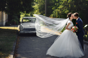 Romantic fairytale couple, bride and groom kissing, white retro