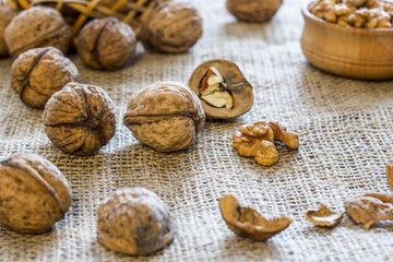walnuts lie on sacking side view