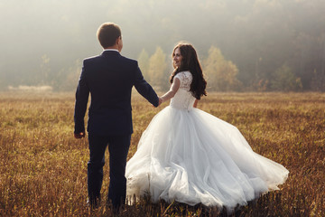 Happy newlywed couple holding hands in romantic sunset field