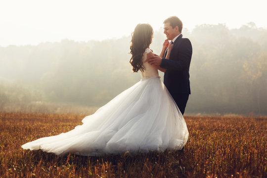 Romantic fairytale newlywed couple hug & smile in field at sunse