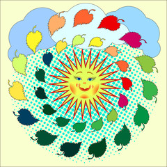 Yellow sun in the cream background/ with blue polka dot