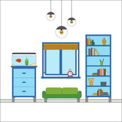 Modern flat design of Interior of a living room with chest of drawers, rack, aquarium, sofa, vintage lighting decor. Colorful vector illustration