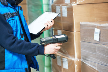 Worker man scanning package in warehouse