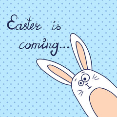 Easter card with cute rabbit on polka dot background. Holiday vector illustration. 