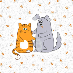 Cute cat and dog. Doodle vector illustration. Paws print background. 