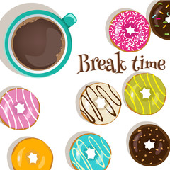 There is coffee and colorful doughnuts in a white background
