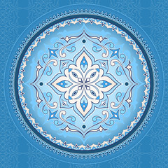 Vintage light blue pattern in shape of a circle. Mandala.