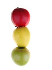 red, green and yellow apples on a white background
