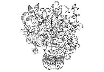 Vector floral illustration in black and white for coloring. Bouquet of flowers in a vase