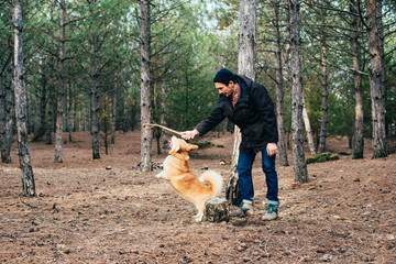 man playing with welsh corgi dog in forest
