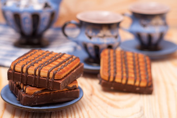 zephyr cookie with tea on wooden background