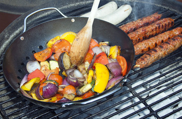Barbecue Vegetables and Kebabs on Hot Coals
