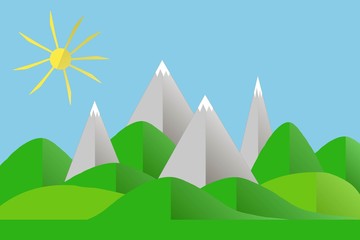Mountain landscape. Grey mountains with white peaks, green hills, yellow sun, blue sky, shadow. Modern flat design, background, design element, vector