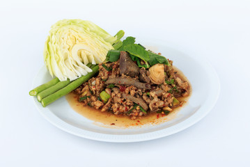Thai ground pork salad, Spicy minced pork and pork liver salad (Larb Mu) on white background