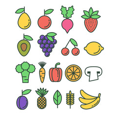 Set of vector colorful healthy eco fruit and vegetables icons
