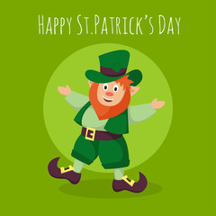 Vector Happy St.Patrick's Day greeting card with happy Leprechaun