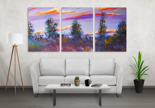 Art canvas in three parts. Landscape theme. Sofa, lamp, plant and table in room interior.