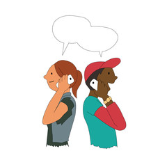 Girl and man sharing and exchanging data with smartphone. Flat character design. Vector illustration.