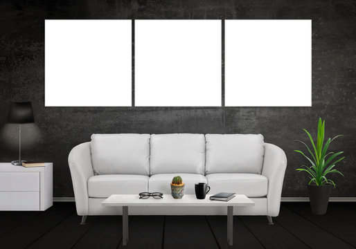 Mock up of three wall art canvas. Sofa, lamp, plant, glasses, book, coffee on table in room interior. 