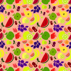 Drawings of colourful fruits and berries/pink  background.