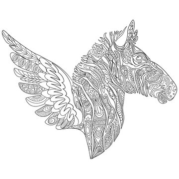 Zentangle stylized cartoon zebra with wings, isolated on white background. Sketch for adult antistress coloring page. Hand drawn doodle, zentangle, floral design elements for coloring book.