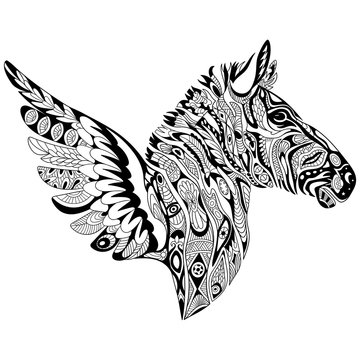 Zentangle stylized cartoon zebra with wings, isolated on white background. Sketch for adult antistress coloring page. Hand drawn doodle, zentangle, floral design elements for coloring book.