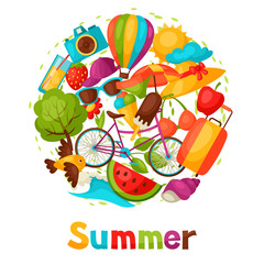 Background with stylized summer objects. Design for cards, covers, brochures and advertising booklets