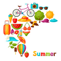 Background with stylized summer objects. Design for cards, covers, brochures and advertising booklets