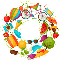 Background with stylized summer objects. Design for cards, covers, brochures and advertising booklets