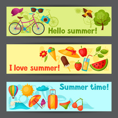 Banners with stylized summer objects. Design for cards, covers, brochures and advertising booklets