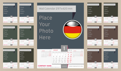 Wall Monthly Calendar for Year 2016 in German three month in one sheet. Different Color for Season. Holidays not marked. Vector Template Portrait Orientation with Space for Photo. CMYK color space