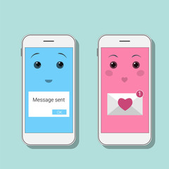 Cute Smartphones with sms messages. Kawaii mobiles in blue and pink colors. Mobile chat, online message, love sms. Valentine's day concept. Vector illustration.