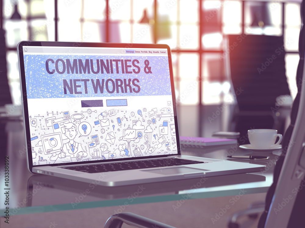 Poster modern workplace with laptop showing landing page in doodle design style with text communities and n