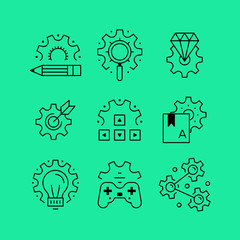 Set of line vectors icons in the flat style. Business and creativity, gaming setup, configure search, configure the library.