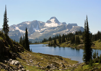 Fawn Lake with Mount Fosthall in the background (Monashee Provincial Park, British Columbia,...