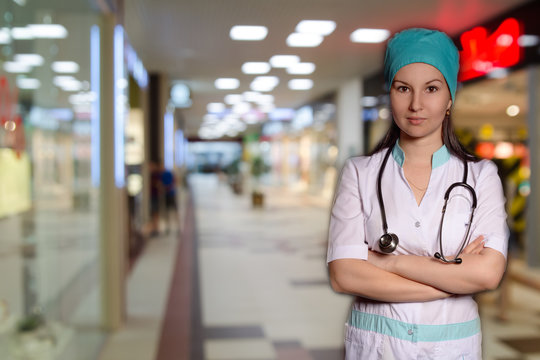 doctor with stethoscope on the corridor on the background