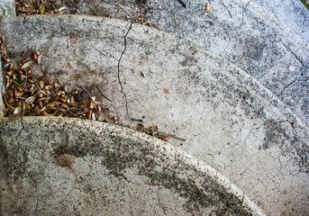 Round grey stairs with dry leaves, architectural detail, top view